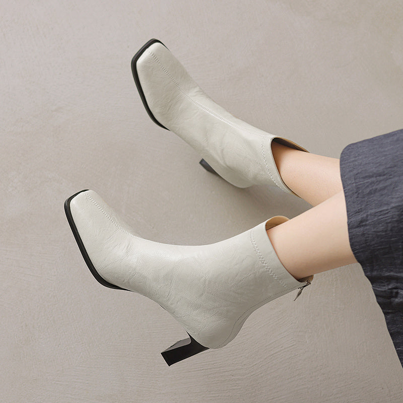 Women's Vintage Square Elastic Ankle Boots With Chunky Heels
