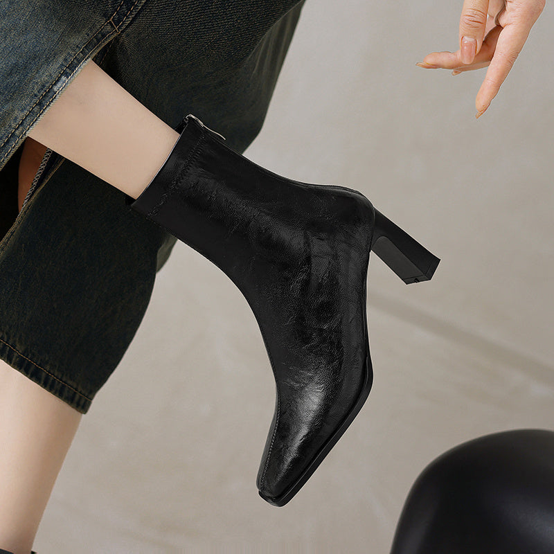 Women's Vintage Square Elastic Ankle Boots With Chunky Heels