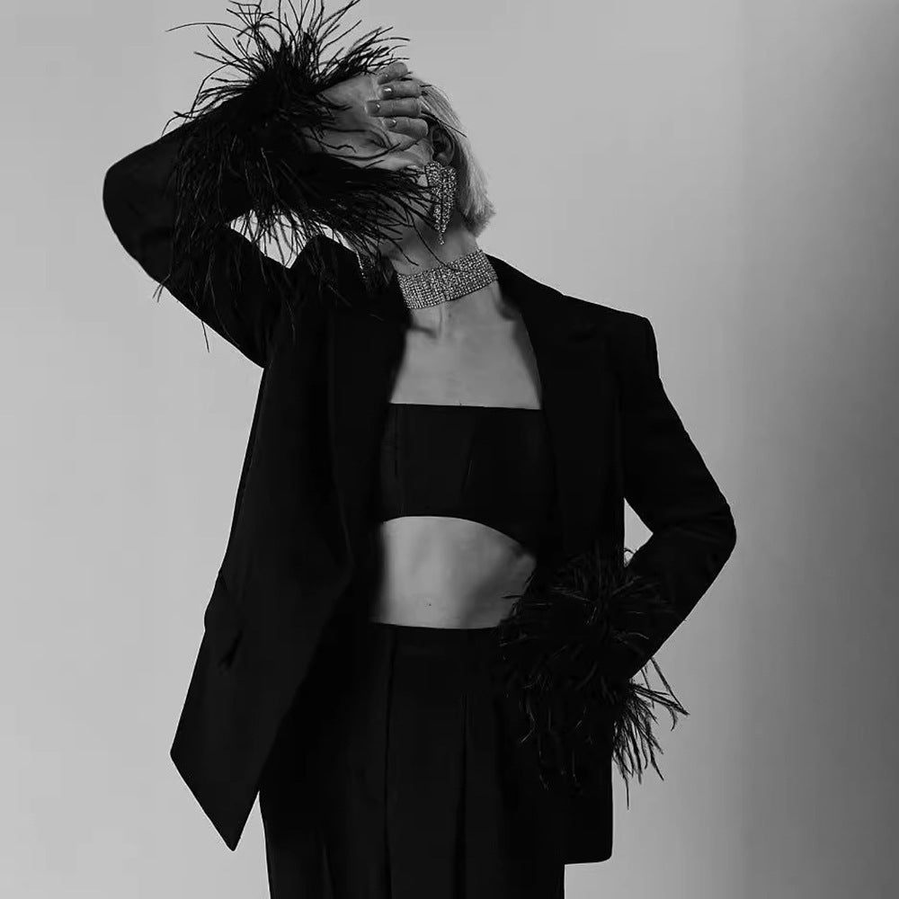 Women's Tatting Cardigan Black Suit Set