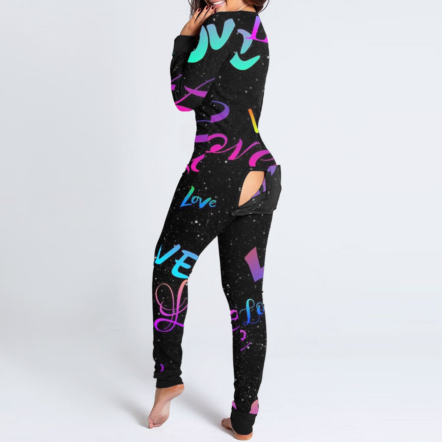 Love Letter Print Onesies With Butt Flap For Adults Valentine Sexy Sleepwear Romper Women's Jumpsuit Open Butt Pajamas Nightwear