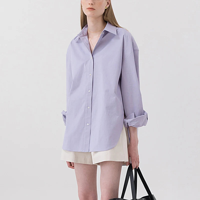 100% Cotton Women's Shirt 2024 Autumn New Solid Color Button Turn-Down Collar Long-Sleeved Casual Loose Ladies OL Shirts