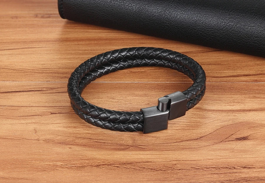 XQNI 11.11 Double Leather Combination Men's Stainless Steel Bracelet Three Color Button Selection Fashion Gift For Men Jewelry