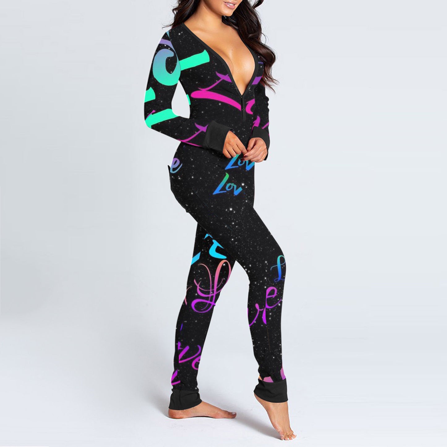 Love Letter Print Onesies With Butt Flap For Adults Valentine Sexy Sleepwear Romper Women's Jumpsuit Open Butt Pajamas Nightwear