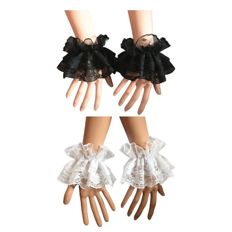 Steampunk Lolita Hand Sleeve Wrist Cuffs Ruffled Floral Lace Elastic Bracelet XX9D