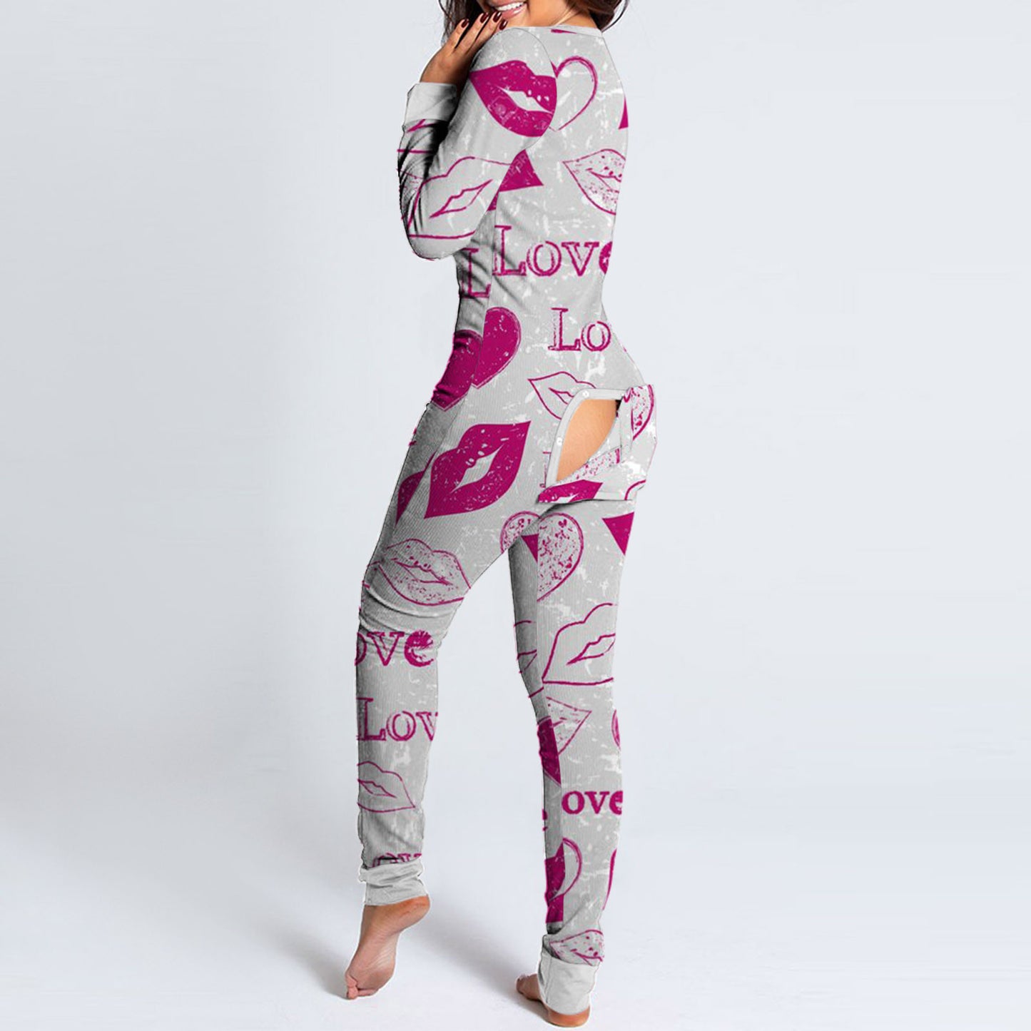 Love Letter Print Onesies With Butt Flap For Adults Valentine Sexy Sleepwear Romper Women's Jumpsuit Open Butt Pajamas Nightwear