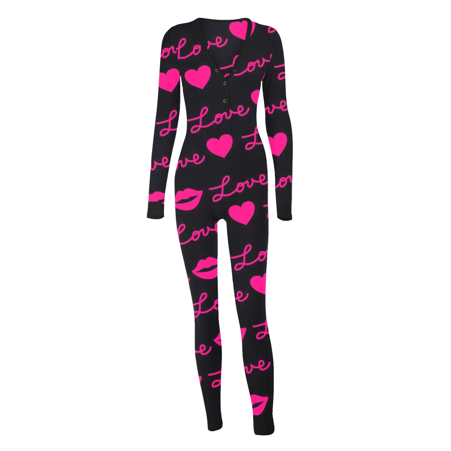 Love Letter Print Onesies With Butt Flap For Adults Valentine Sexy Sleepwear Romper Women's Jumpsuit Open Butt Pajamas Nightwear