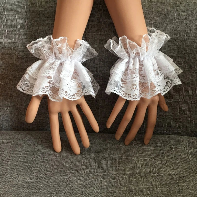 Steampunk Lolita Hand Sleeve Wrist Cuffs Ruffled Floral Lace Elastic Bracelet XX9D