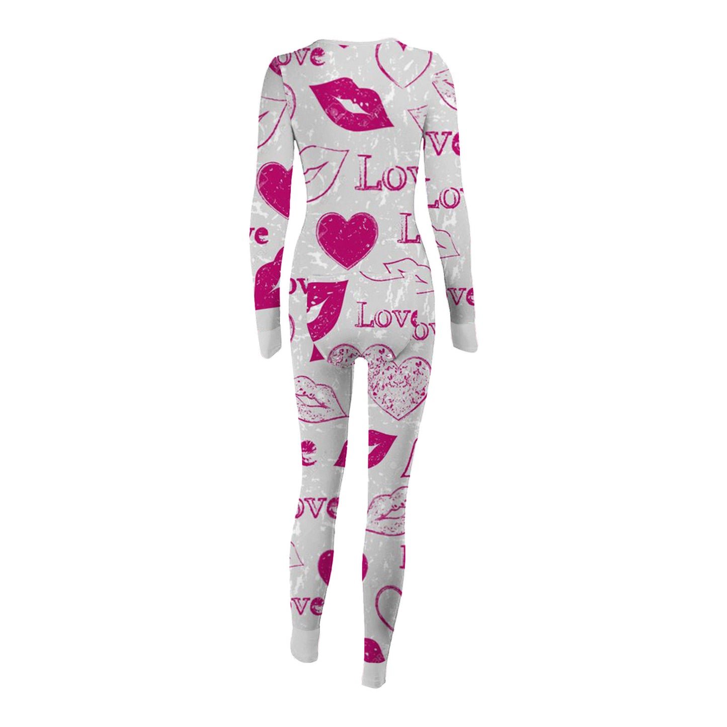 Love Letter Print Onesies With Butt Flap For Adults Valentine Sexy Sleepwear Romper Women's Jumpsuit Open Butt Pajamas Nightwear