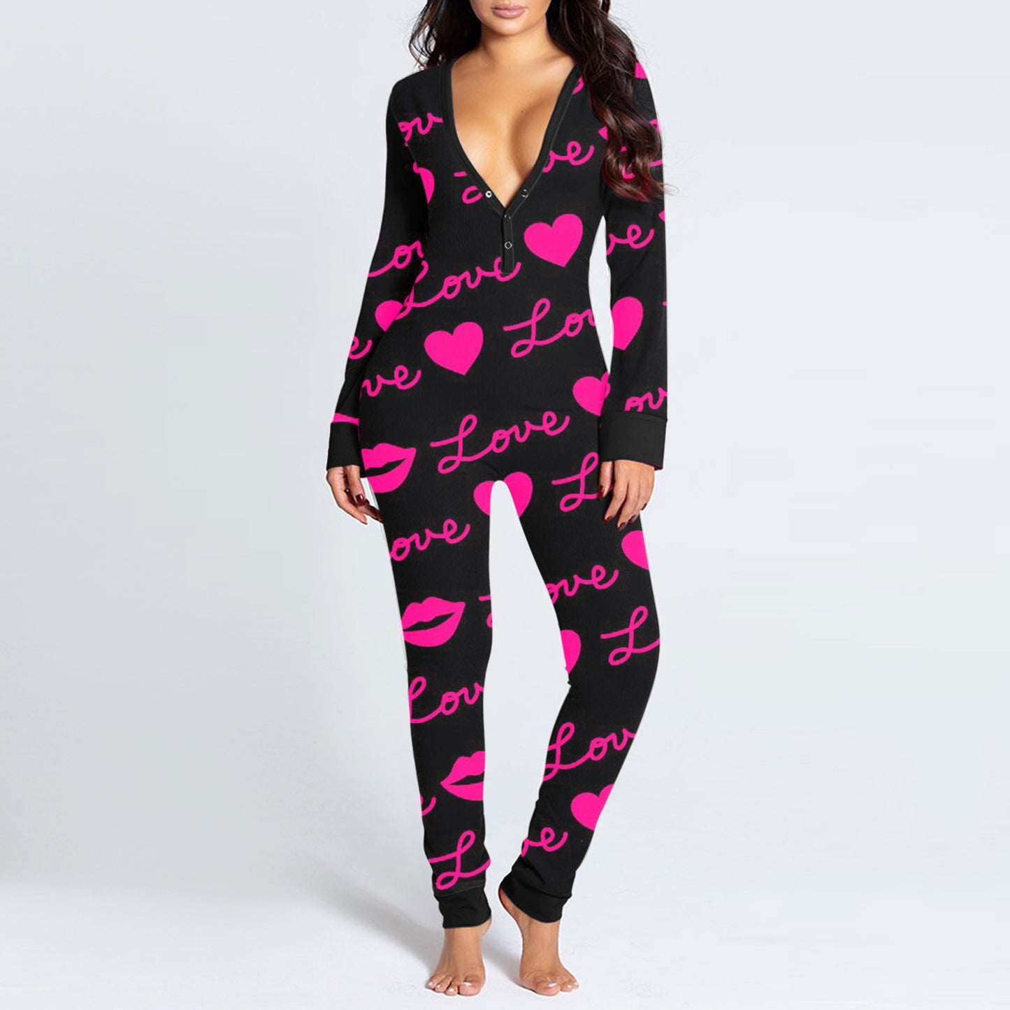 Love Letter Print Onesies With Butt Flap For Adults Valentine Sexy Sleepwear Romper Women's Jumpsuit Open Butt Pajamas Nightwear