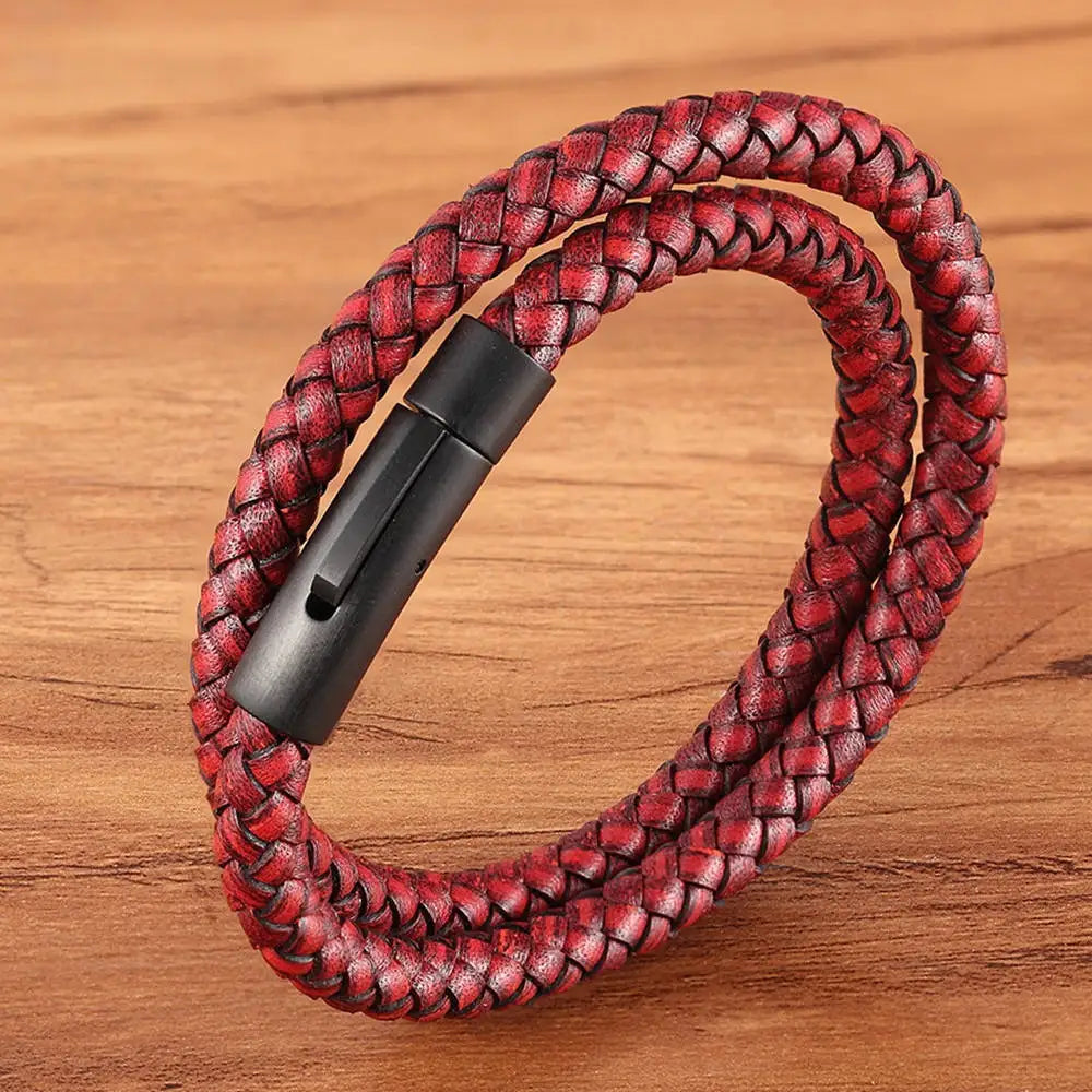 XQNI Perfect Design Double Layer Vintage Steel Buckle Geometric Braid 6mm Leather Bracelet Men Women Fashion Birthday Gift