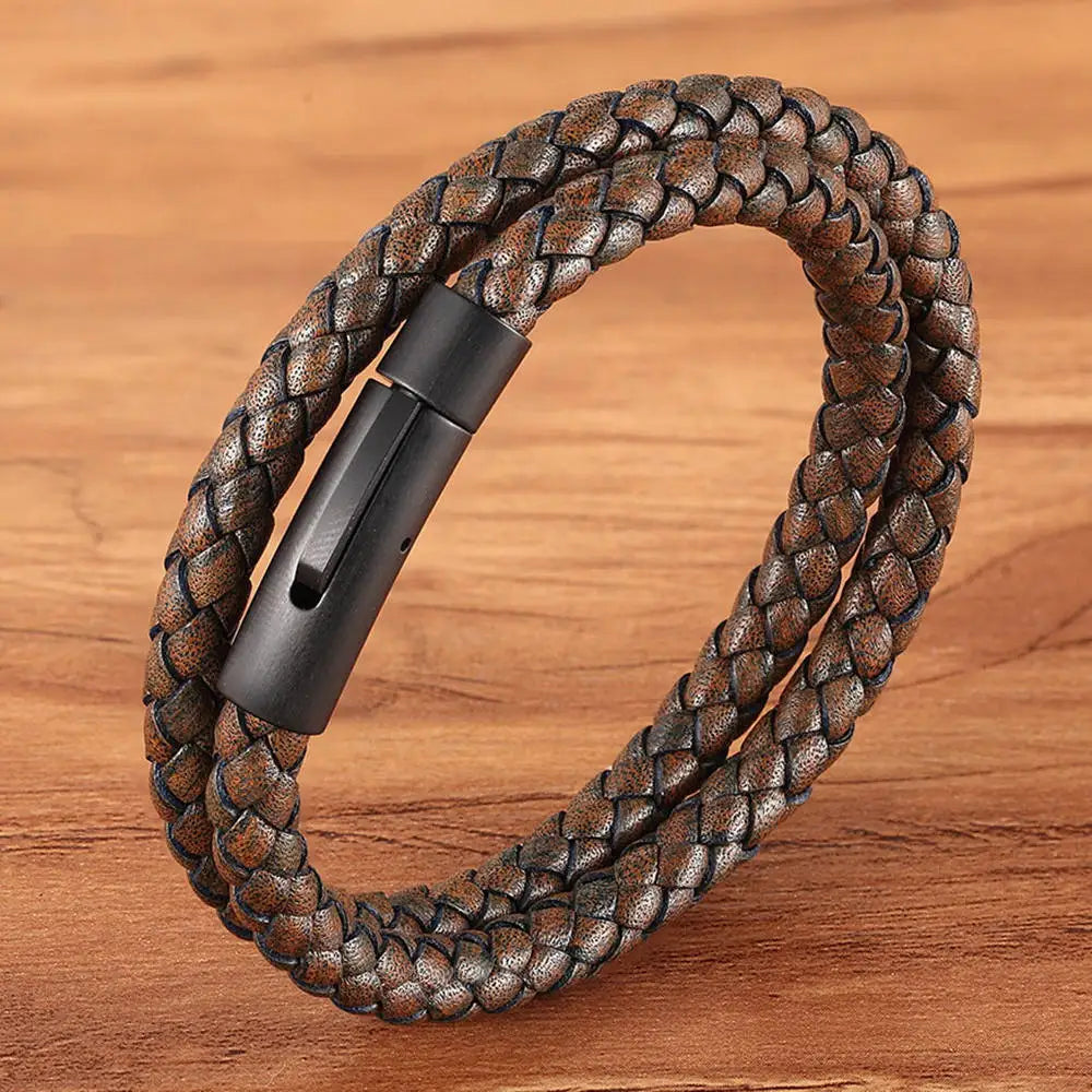 XQNI Perfect Design Double Layer Vintage Steel Buckle Geometric Braid 6mm Leather Bracelet Men Women Fashion Birthday Gift