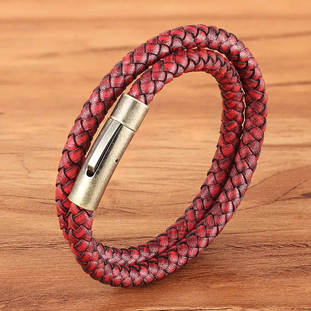 XQNI Perfect Design Double Layer Vintage Steel Buckle Geometric Braid 6mm Leather Bracelet Men Women Fashion Birthday Gift