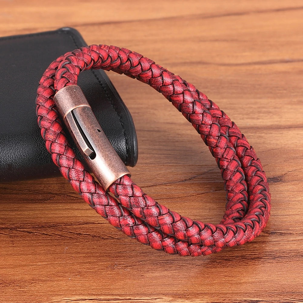 XQNI Perfect Design Double Layer Vintage Steel Buckle Geometric Braid 6mm Leather Bracelet Men Women Fashion Birthday Gift