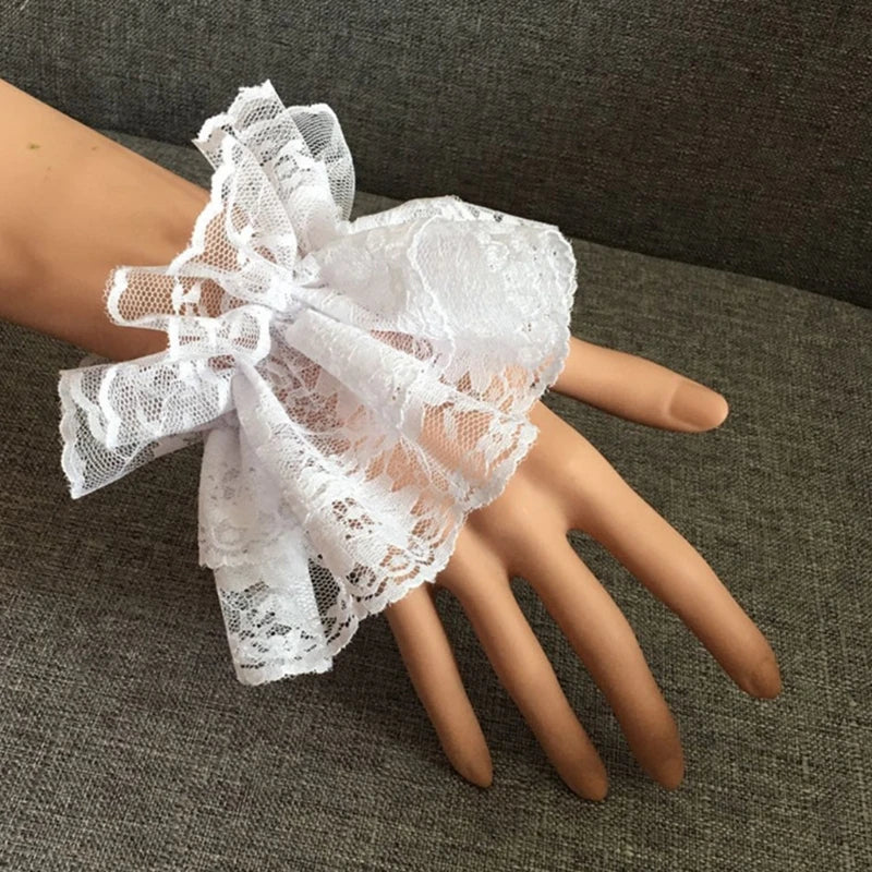 Steampunk Lolita Hand Sleeve Wrist Cuffs Ruffled Floral Lace Elastic Bracelet XX9D