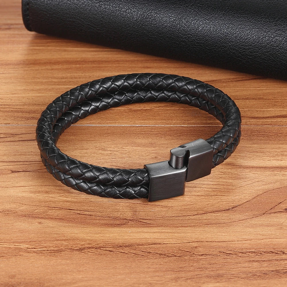 XQNI 11.11 Double Leather Combination Men's Stainless Steel Bracelet Three Color Button Selection Fashion Gift For Men Jewelry