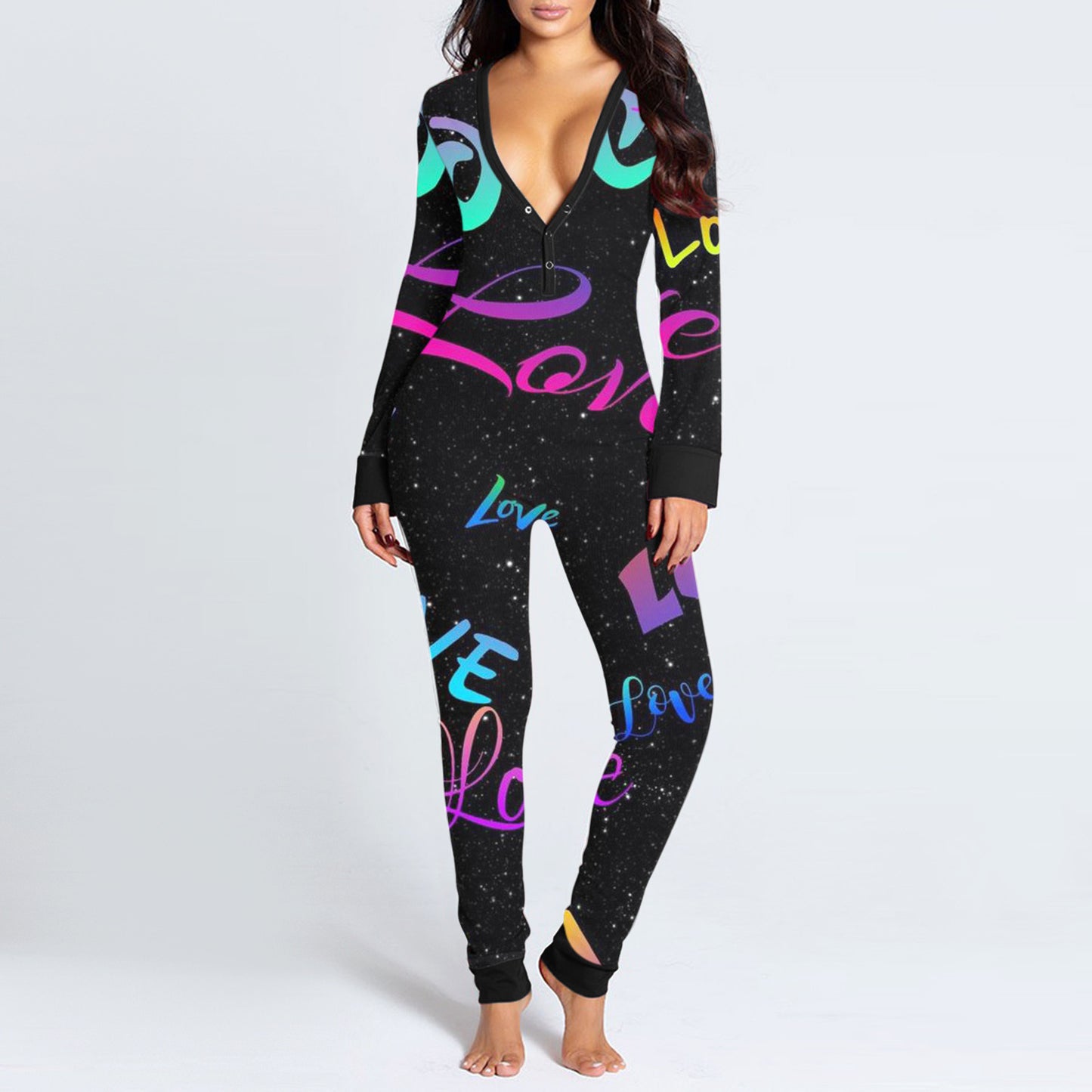 Love Letter Print Onesies With Butt Flap For Adults Valentine Sexy Sleepwear Romper Women's Jumpsuit Open Butt Pajamas Nightwear