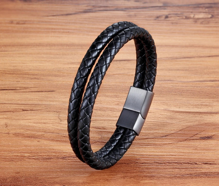 XQNI 11.11 Double Leather Combination Men's Stainless Steel Bracelet Three Color Button Selection Fashion Gift For Men Jewelry