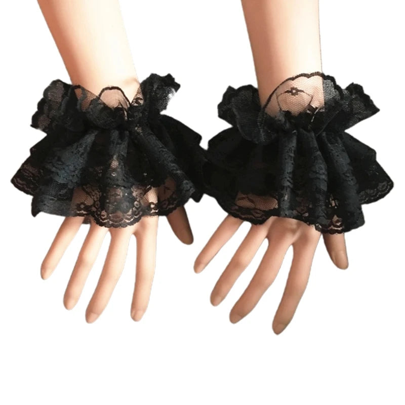 Steampunk Lolita Hand Sleeve Wrist Cuffs Ruffled Floral Lace Elastic Bracelet XX9D
