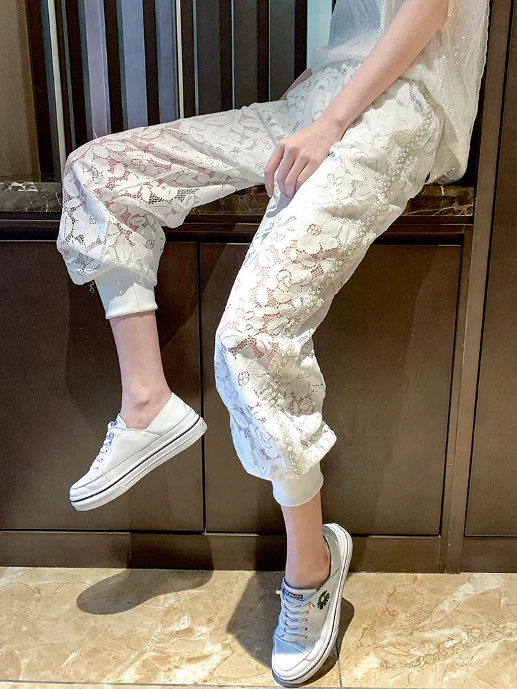 150.00kg Plus Size Heavy Industry Beaded Lace Casual Pants Plus Size Ladies Loose Fashion Thin Hollow Crochet Sports Pants
