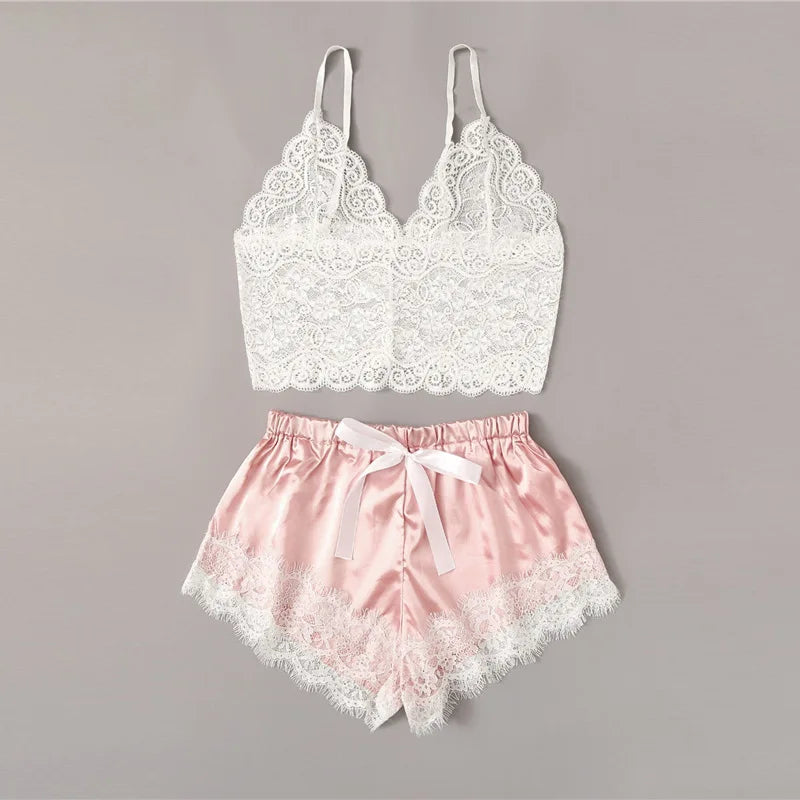 1 Set Women's Sexy Fashion Casual Lace Sleepwear Lingerie Tops Shorts Set Ladies Erotic Babydoll Pajamas Nightwear Underwear New
