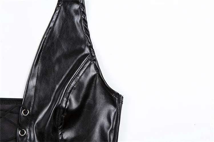 Y2K Crop Top Women Summer Black Leather Banadage Hollow Punk Style Tank Tops Vest Fashion Backless Club Party Wear