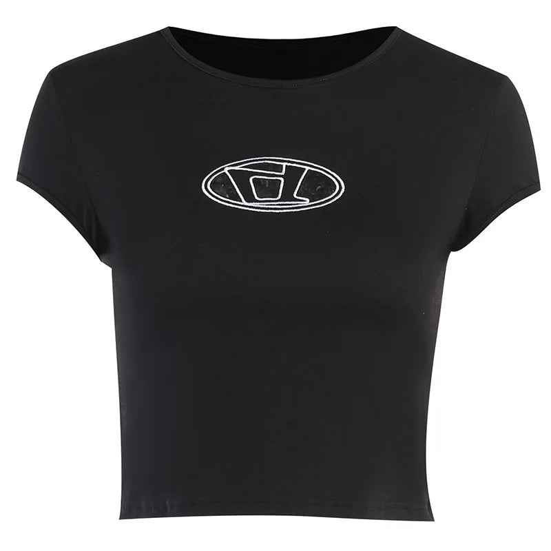 Y2k Top Shirts for Women Fashion Street Spice Girl Slim Show Chest D Embroidery Crop Short Open Umbilical Versatile Top