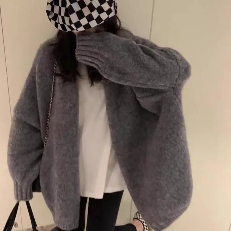 Zoki Autumn Winter Thicken Warm Women Cardigan Sweater Korean Lazy Wind Soft All Match Cardigans Tops Solid Loose Knitted Coats