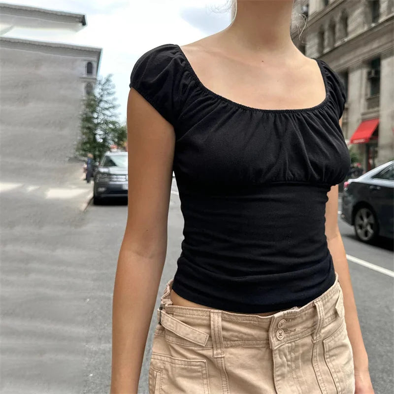 Xingqing y2k Crop Top Women Aesthetic Clothes Solid Color Short Sleeve Ruched T Shirt Basic Baby Tee 2000s Clothing Streetwear