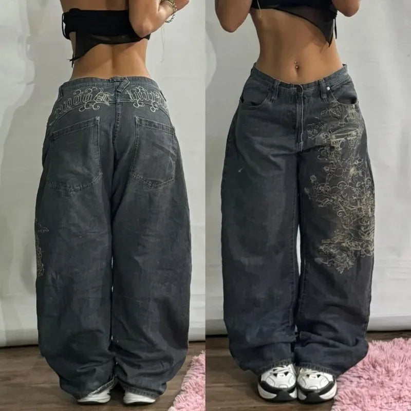 Y2K American New Pattern Printing Washed Baggy Jeans Men Harajuku Vintage Hip Hop Rock Popular Gothic High Waist Wide Leg Pants