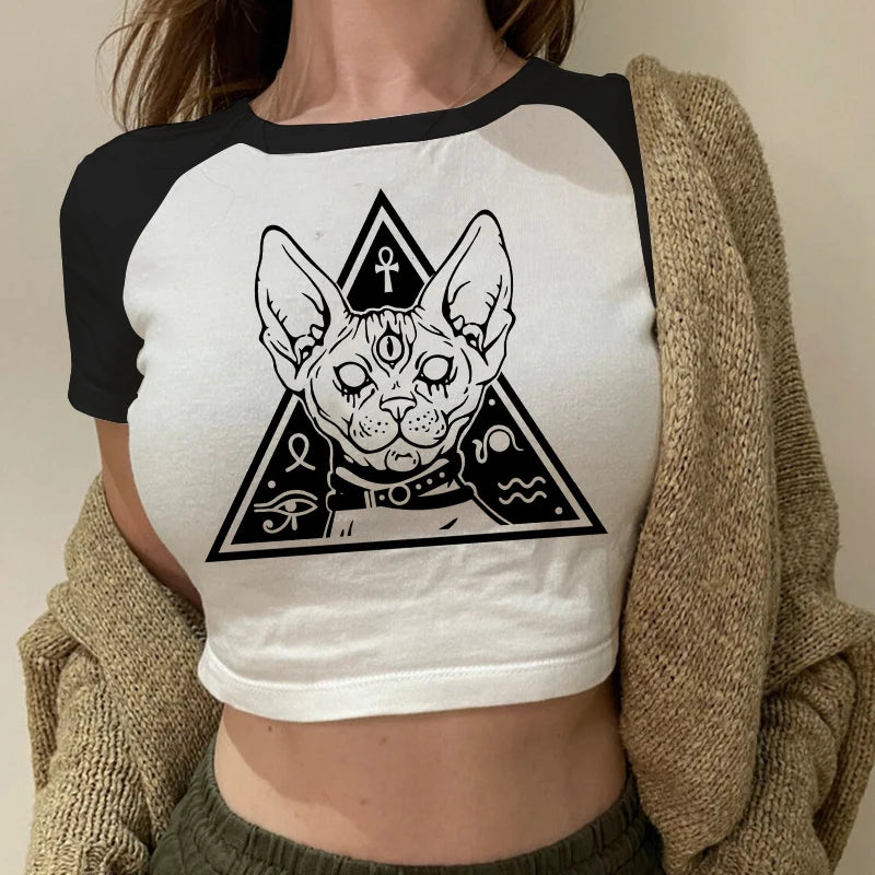 Y2k Fairy Grunge Emo Sexy Gothic Crop Top Vintage Harajuku Black Short Sleeve O-neck T Shirts Aesthetic Clothes Streetwear Tanks