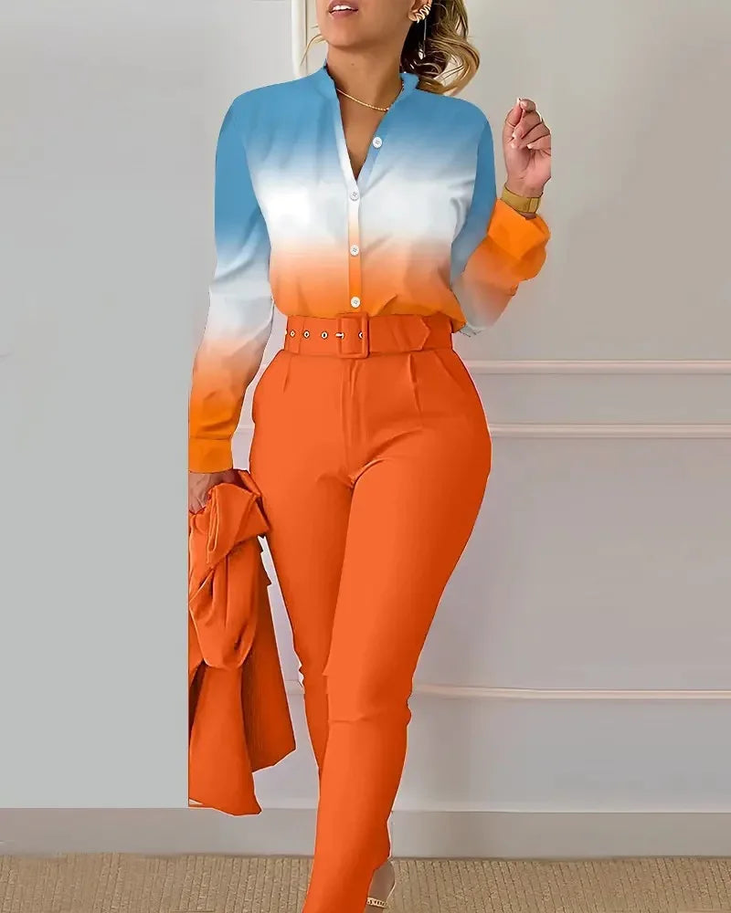 Elegant Women Printed Two Piece Suit Sets Spring Autumn V Neck Long Sleeve Shirt Top & Long Pants Set With Belt Workwear Outfits