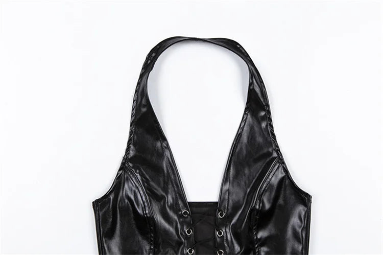 Y2K Crop Top Women Summer Black Leather Banadage Hollow Punk Style Tank Tops Vest Fashion Backless Club Party Wear