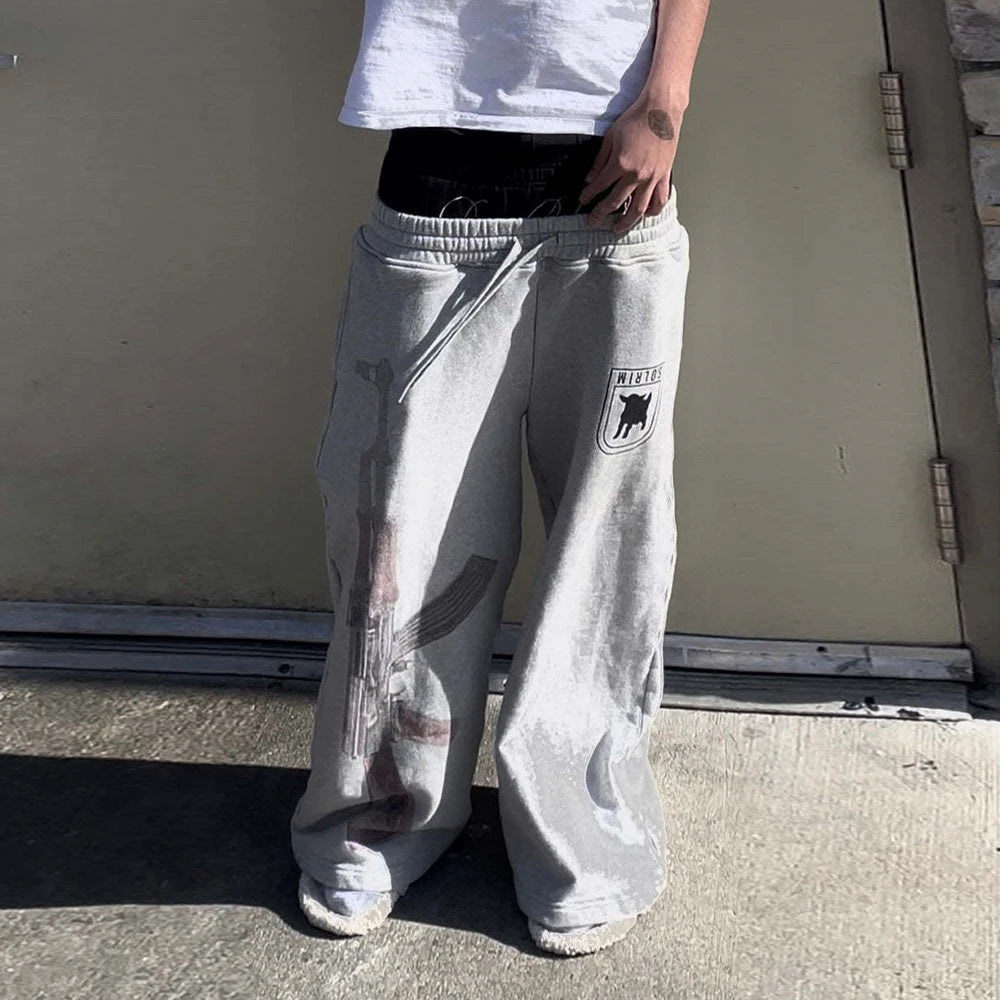 Y2K High-Waisted Printed Embroidered Street Guard Pants Spring Summer Casual Straight Leg Double Waist Design Fashionable