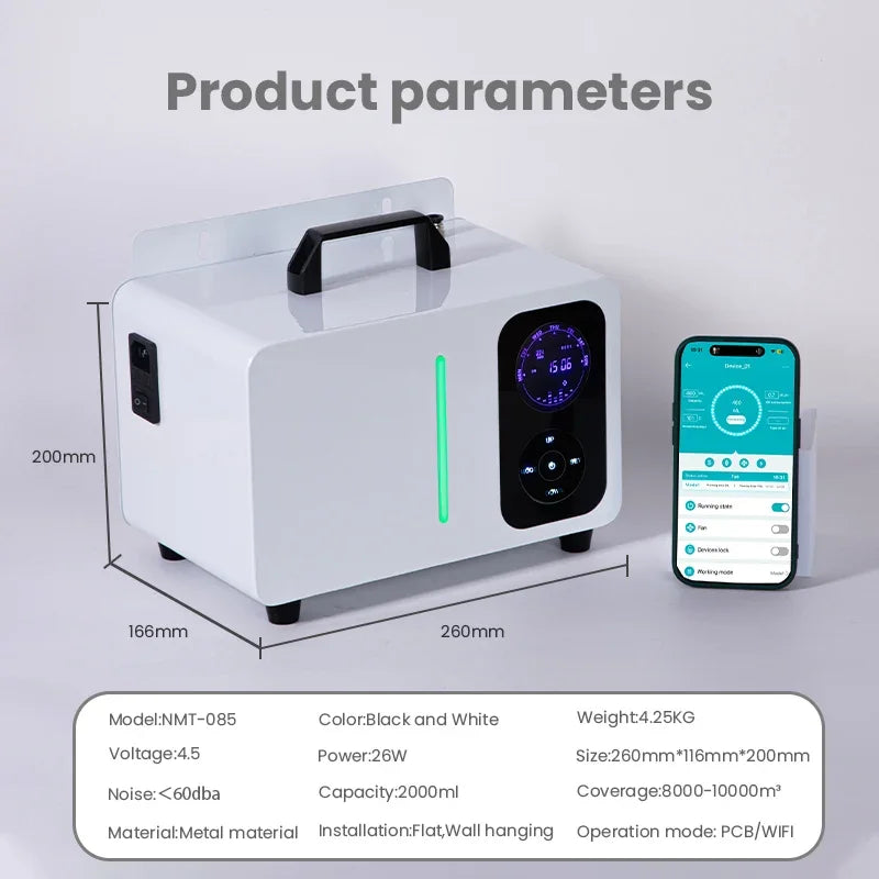 10000m³ Metal Aroma Diffuser 2000ML Perfume Flavoring Essential Oils Capacity Commercial Fragrance Electric Smell for Home WIFI