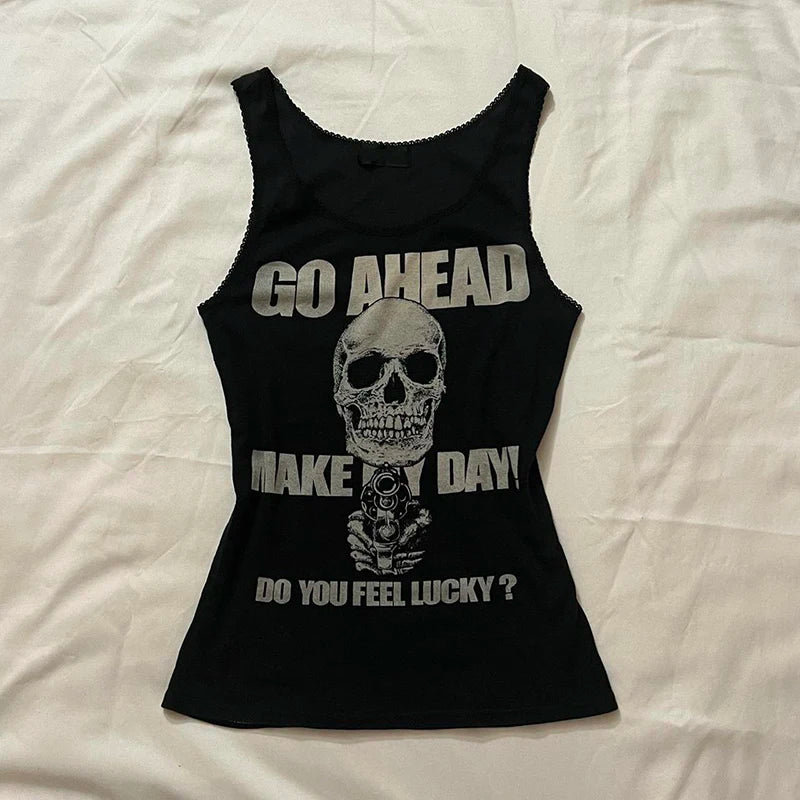 Y2K Aesthetic Women Vintage Black Vest Harajuku Skull Print Tank Top Hip Hop Rock Punk Style Sleevless Skinny Cropped Clothes