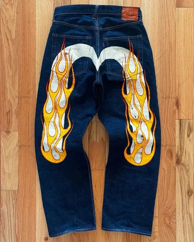 Y2K Jeans Best-Selling Retro Personalized Print Jeans Men New Punk Hip Hop Gothic Loose Straight Jeans Couple Street Wear