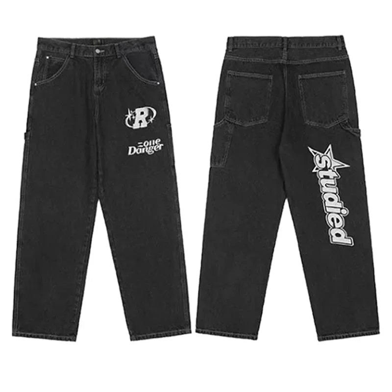 Y2K Women Fashion Streetwear Casual Letter Print Straight Wide Leg Pants Baggy Denim Trousers Men Low Rise Jeans Clothes