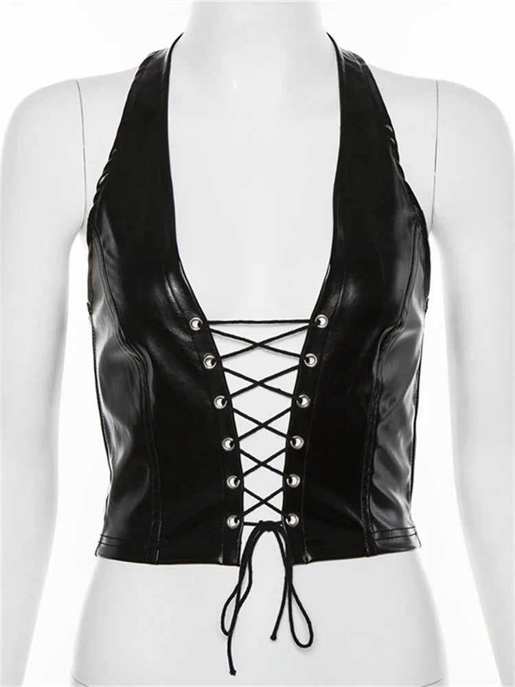 Y2K Crop Top Women Summer Black Leather Banadage Hollow Punk Style Tank Tops Vest Fashion Backless Club Party Wear