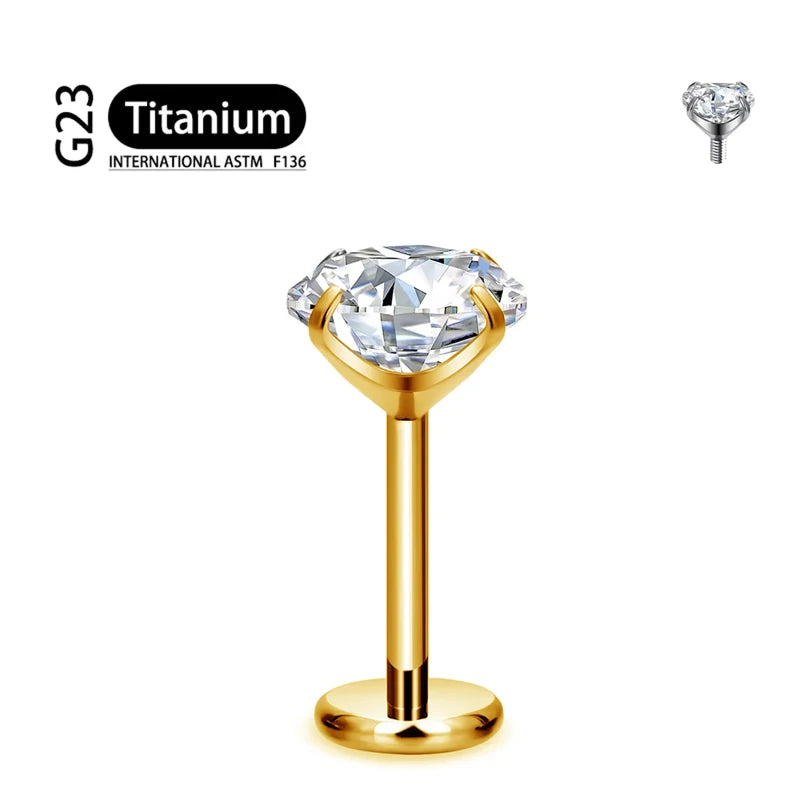 ASTM F136 Titanium 2/2.5/3/4/5/6Mm Cz Labret Stud 16G Tragus Helix Kraakbeen Schelp Flatback Oorlel Piercing Lichaam Sieraden 