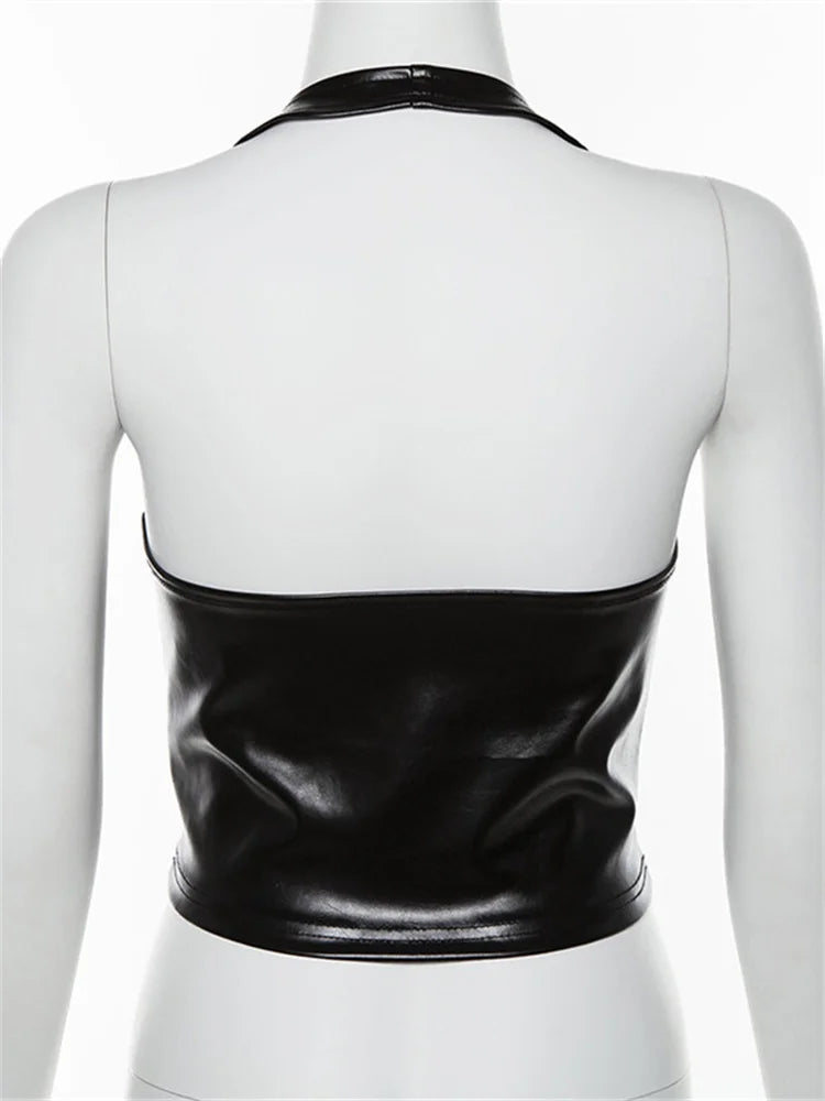 Y2K Crop Top Women Summer Black Leather Banadage Hollow Punk Style Tank Tops Vest Fashion Backless Club Party Wear
