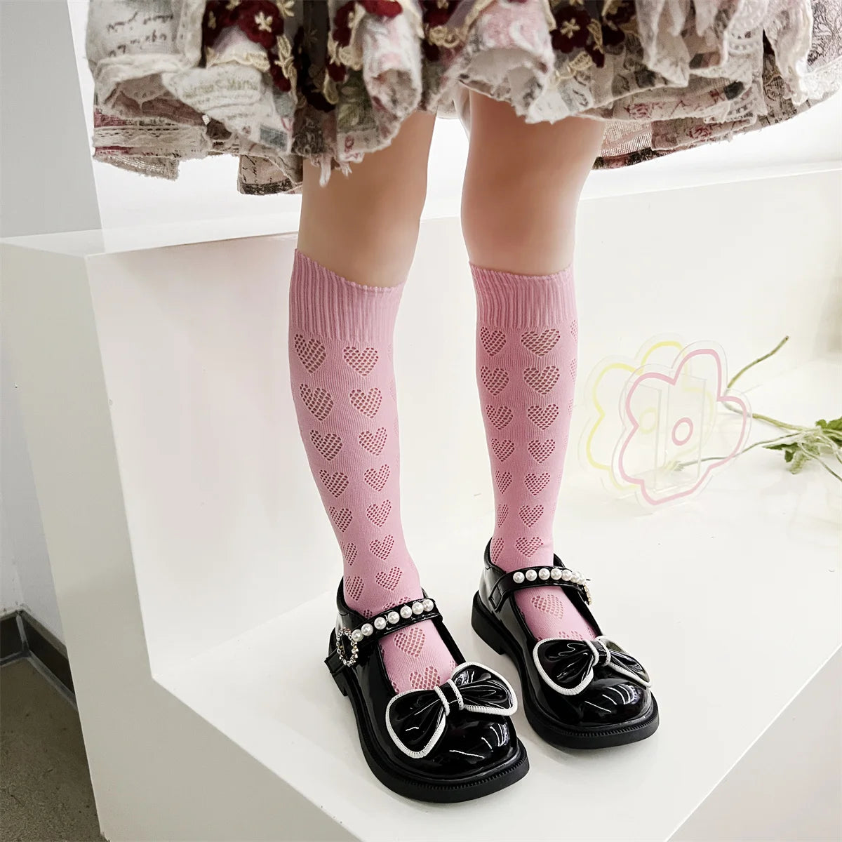 1/4 pairs of girls' dopamine heart hollow mesh straight socks, lightweight breathable heart mesh socks, women's long tube