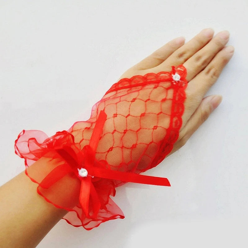 1 Pairs Lace Fingerless Wedding Gloves Beautiful See Through Bowknot Bride Party Gloves Female Vintage Soft Short Gloves