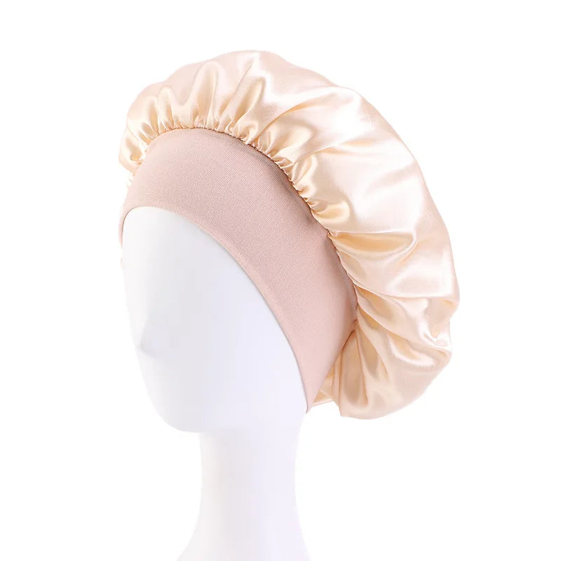 New Women's Satin Solid Wide-brimmed Sleeping Hat Unisex Head Wrap Elastic Band Cap Hair Care Bonnet Night Hat bonnet de nuit