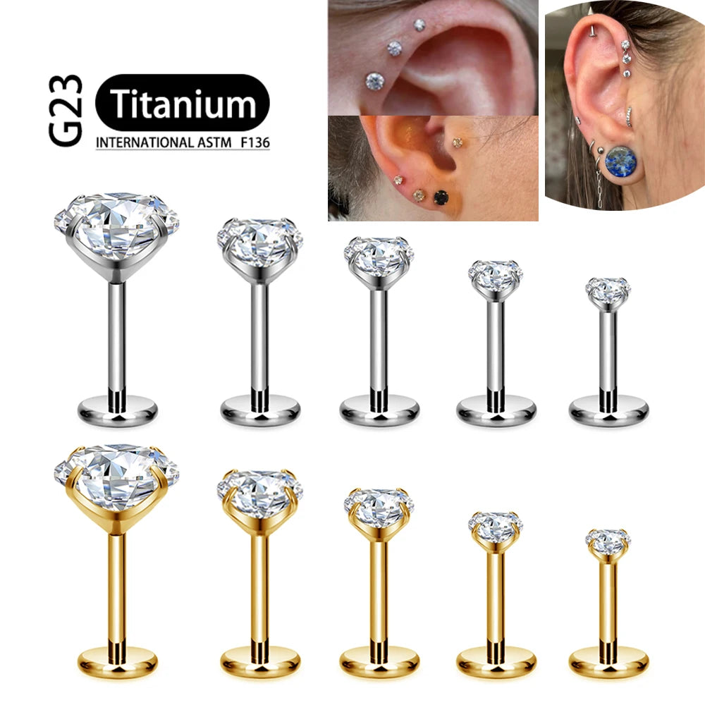 ASTM F136 Titanium 2/2.5/3/4/5/6Mm Cz Labret Stud 16G Tragus Helix Kraakbeen Schelp Flatback Oorlel Piercing Lichaam Sieraden 