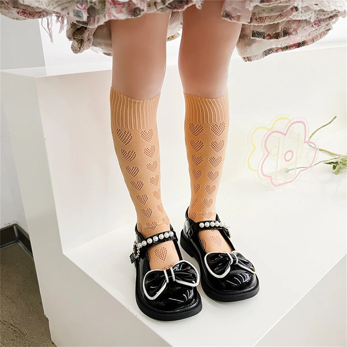 1/4 pairs of girls' dopamine heart hollow mesh straight socks, lightweight breathable heart mesh socks, women's long tube