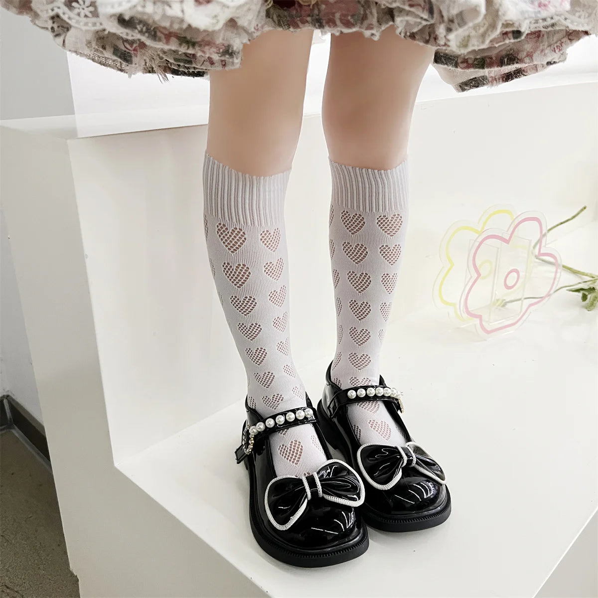 1/4 pairs of girls' dopamine heart hollow mesh straight socks, lightweight breathable heart mesh socks, women's long tube
