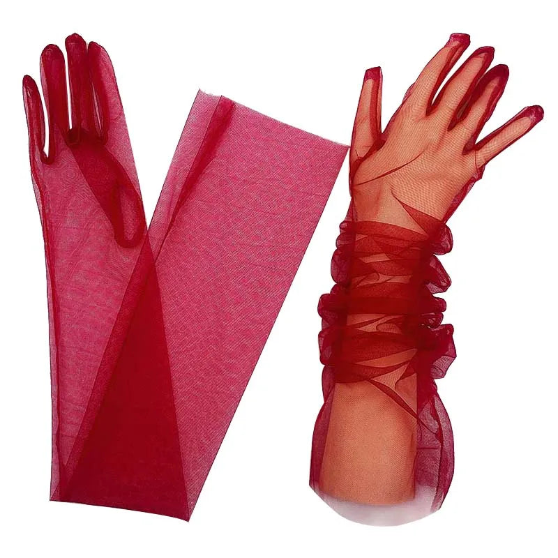 1 Pair Fashion Sexy Long Gauze Bridal Dress Gloves Women Transparent Sun Protection High Elasticity Breathable Thin Dress Gloves