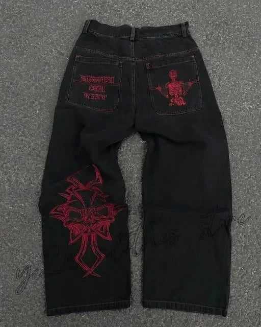 Y2K Fashion Red Print Grey Washed Baggy Jeans Men Women Harajuku Gothic Skateboard Pants Vintage Street Clothes Wide leg pants