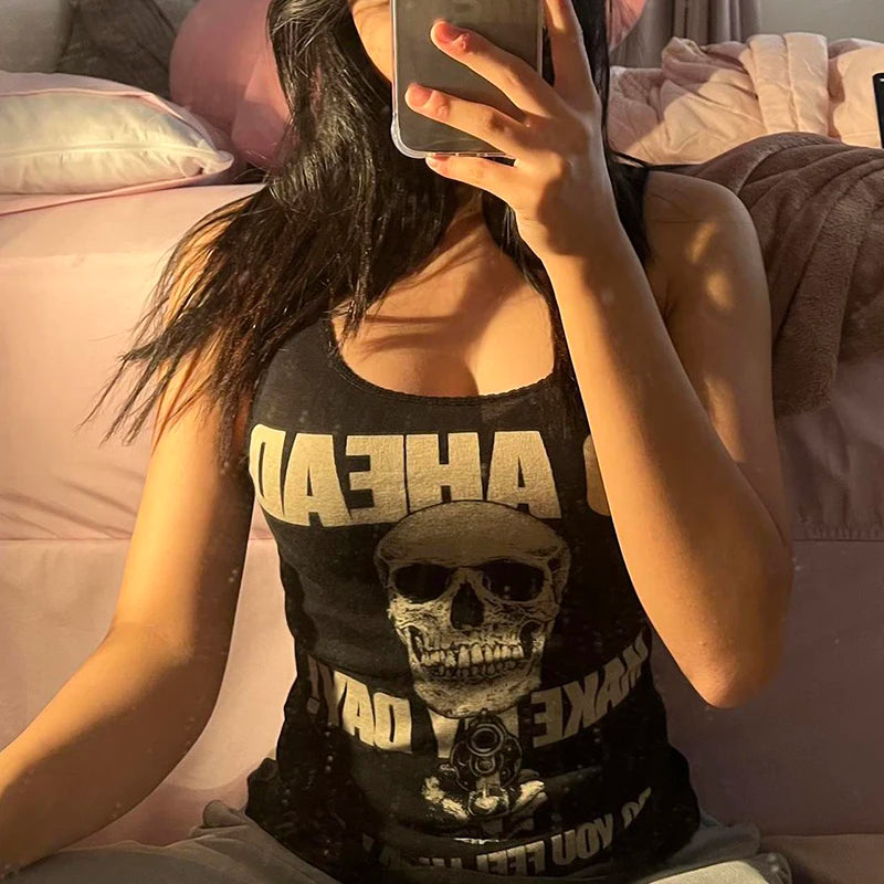 Y2K Aesthetic Women Vintage Black Vest Harajuku Skull Print Tank Top Hip Hop Rock Punk Style Sleevless Skinny Cropped Clothes