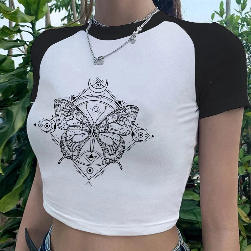 Y2k Fairy Grunge Emo Sexy Gothic Crop Top Vintage Harajuku Black Short Sleeve O-neck T Shirts Aesthetic Clothes Streetwear Tanks
